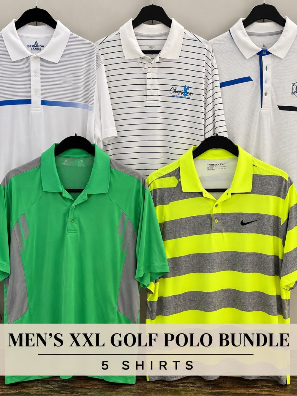 Men's XXL Golf Polo Bundle - 5 Pack (White, Green, Yellow/Gray, Striped)